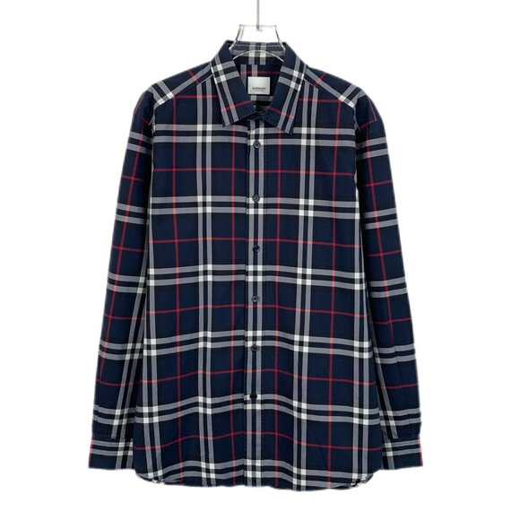 Burberry Mens Navy Red Check Long Sleeve Shirt Button-Down Cotton